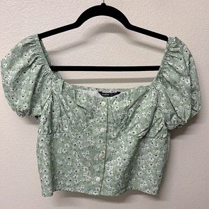 Green Button Down Floral Blouse